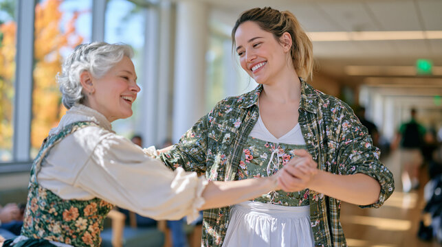 A dance instructor gives an impromptu colonial costume movement lesson to a student in a hospital physical therapy corridor, the candid unposed moment blending rehabilitation energy with historical 
