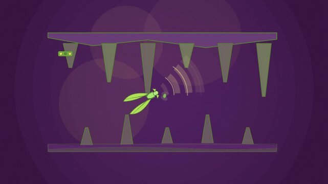 Abstract animated bat echolocation obstacles drawn as violet and blue lines and shapes on a deep dark background. Seamless looping 4K motion graphics video with free space for text, ideal for science 