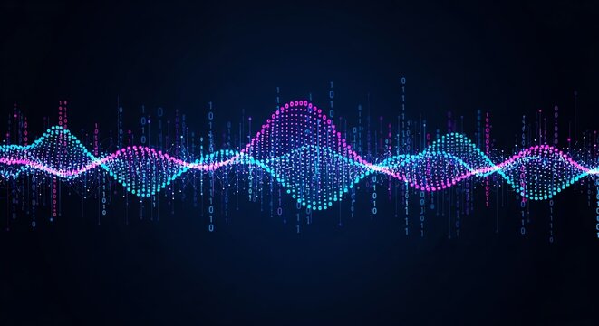 Abstract digital data stream with flowing blue and pink binary code waves, symmetrical composition, neon cinematic lighting, minimalist graphic art style, futuristic mood