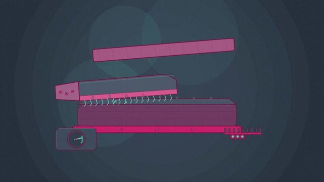 Abstract animated knife sharpening burr drawn as violet and blue lines and shapes on a deep dark background. Seamless looping 4K motion graphics video with free space for text, ideal for title sequenc