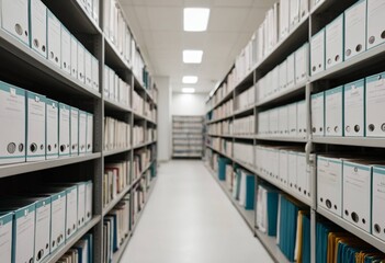 Fototapeta premium Modern office library aisle with rows of organized files and books, bright interior view
