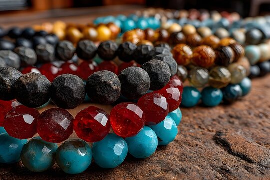 Macro shot of colorful beaded bracelets made of polished stone spheres on a textured surface