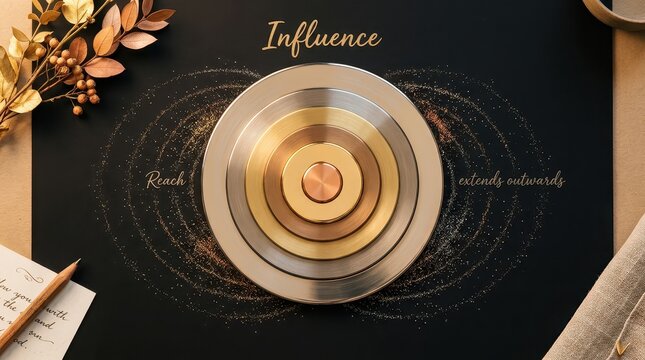 Concentric circles representing influence and reach, with text "Influence" and "extends outwards" on a dark background, business concept.