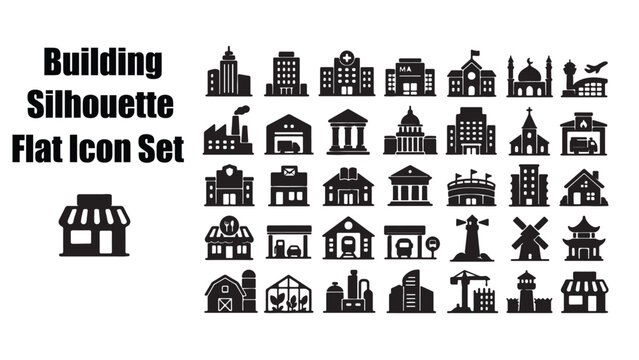 Building Silhouette Flat Icon Set