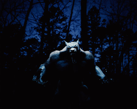 Digital illustration of a Werewolf Dogman cryptid with glowing amber eyes lit by moonlight in a forest