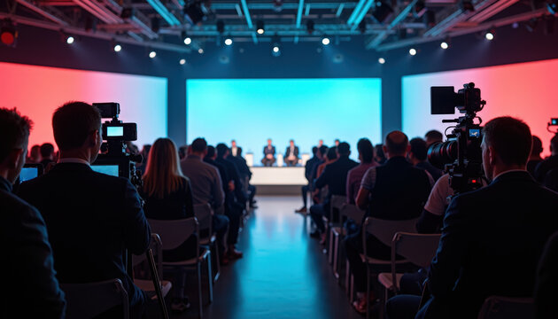 Conference panel on illuminated stage with diverse speakers and moderator facing seated audience, camera operators capturing discussion under blue and red lighting, networking and industry insights,