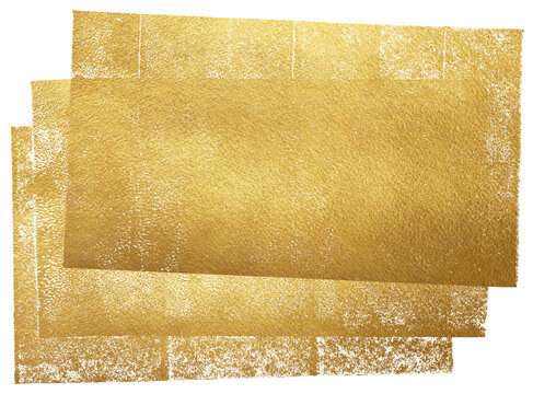 Gold paint textured background. Linocut ink, relief printing layered rectangles shape, isolated rough texture. Golden foil artistic text frame. Paint roller geometric stains, lino ink grungy remains