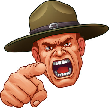 An angry drill instructor or sergeant bootcamp army soldier cartoon character 