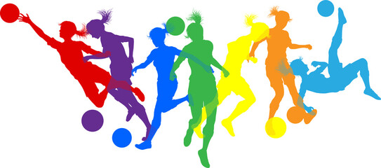 Naklejka premium Silhouette women soccer female football player set. Active sports people healthy players fitness silhouettes concept.