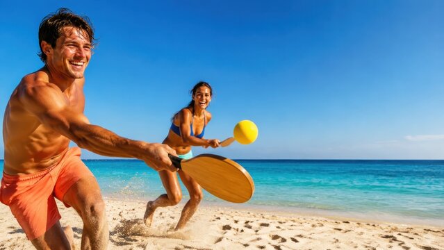 Playing beach paddleball on a sunny day near the ocean with friends enjoying their time at the shore while waves gently crash in the background