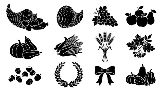 Thanksgiving silhouette Thanksgiving harvest icons set, black autumn silhouette collection, 12 seasonal vector elements for fall holiday decor isolated on White Background Editable Eps