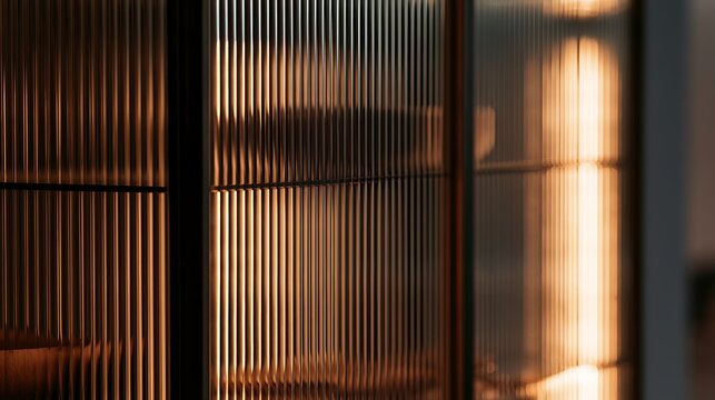 Abstract ribbed glass partition with warm ambient lighting.