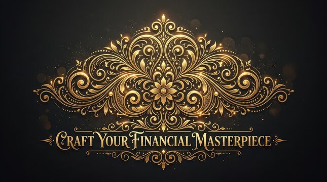 Elegant gold ornate flourish with text "Craft Your Financial Masterpiece" on dark background