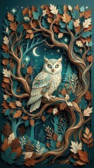 Obraz premium Owl perched in autumn forest paper cut art vector illustration night scene