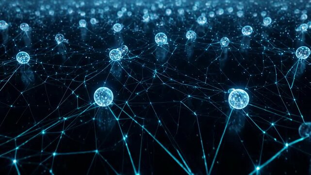 Abstract network of glowing blue spheres connected by lines during a digital deep dive against a dark background