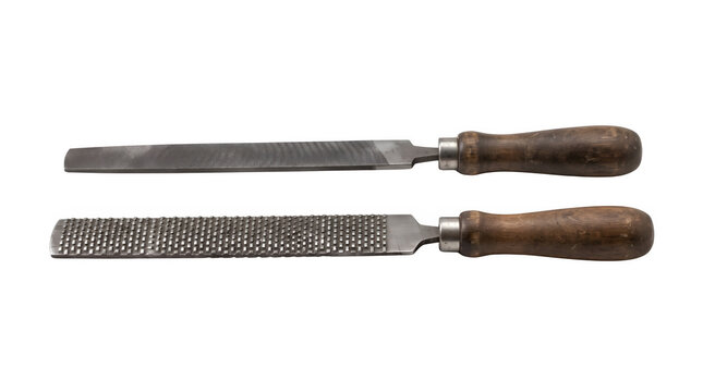 Vintage metal files with wooden handles, antique hand tools for woodworking, rustic steel rasps on white background