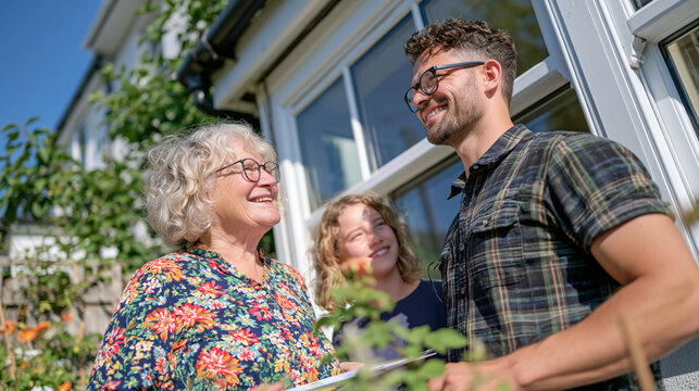 A window fitter assists an elderly grandmother and her granddaughter in choosing heritage sash window glazing for their modest terraced home, the intergenerational moment capturing traditional archi