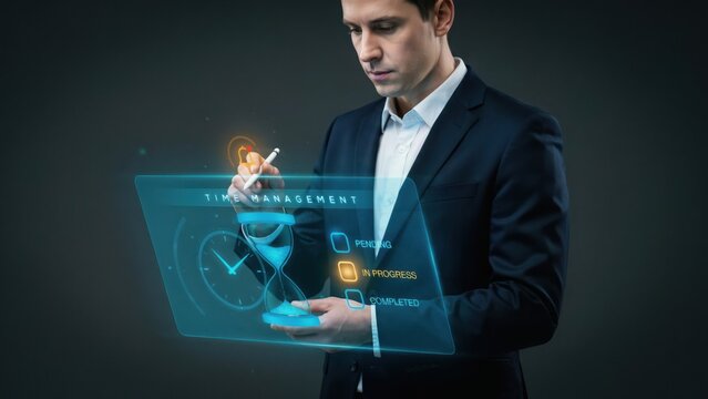 A businessman in a dark suit interacting with a glowing digital interface showing a clock, an hourglass, and task management status indicators