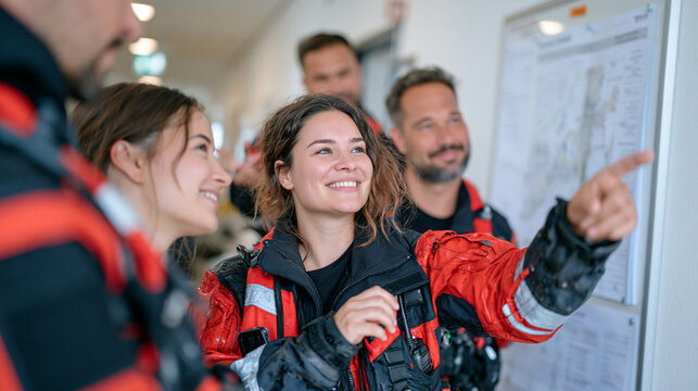 Flood rescue team in a hospital corridor debriefing after evacuation, diverse multicultural responders in wet gear reviewing a balanced scorecard metrics printout on a wall mounted board tracking re