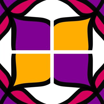 Colorful Geometric Abstract Tile Pattern with Purple and Yellow Quadrants and Curved Black Lines on White Background