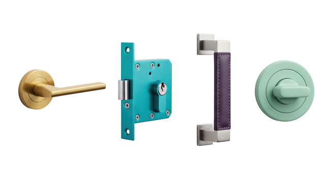Door handles locks and hardware components displayed on a white background with door handle door lock door knob white background
