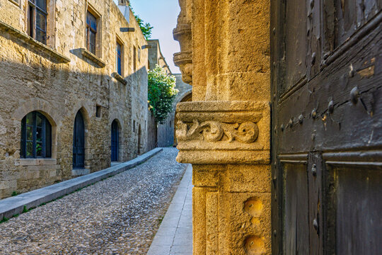 Medieval Street of the Knights with cobblestone pavement in Rhodes old town