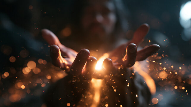 Mystic Hands Holding Glowing Light and Energy Sparks