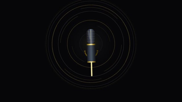 Professional microphones with golden sound waves on dark background