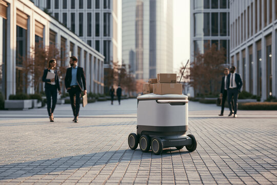 Autonomous Delivery Robot Carrying Packages in Modern Business District