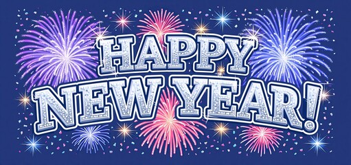 Naklejka premium Silver lettering with fireworks and confetti on navy background for festive New Year celebrations.