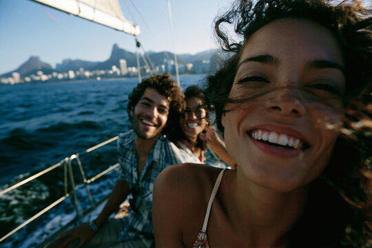 Happy Friends Sailing on Boat During Summer Vacation