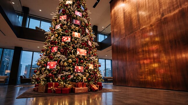 Decorated Christmas Tree in Modern Luxury Building Lobby
