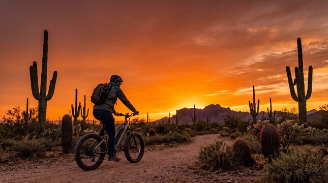 Cyclist Riding Mountain Bike in Desert at Sunset