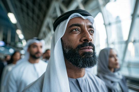 Emirati Businessman Walking with Colleagues in Modern Airport Terminal
