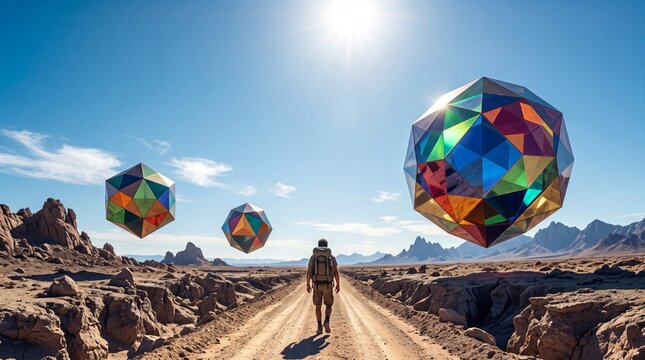 Traveler in Desert Landscape with Floating Surreal Geometric Spheres