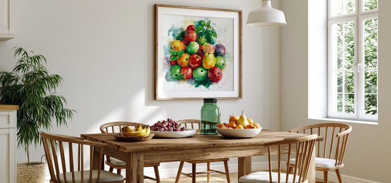 Fresh fruits arranged beside a green glass jar on a rustic wooden table, bathed in warm natural light.