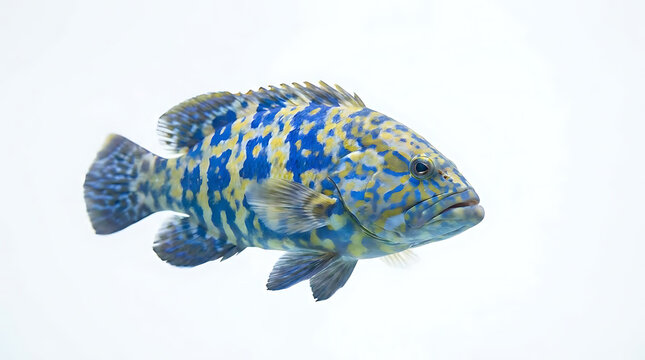 Blue and yellow patterned grouper fish on white background