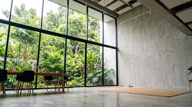 Modern Minimalist Interior with Large Windows Overlooking Tropical Garden
