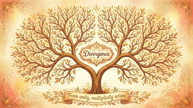 Beautiful illustration of a stylized tree of life symbolizing divergence, growth, and the origin of multiplicity from unity with flowing ornate border