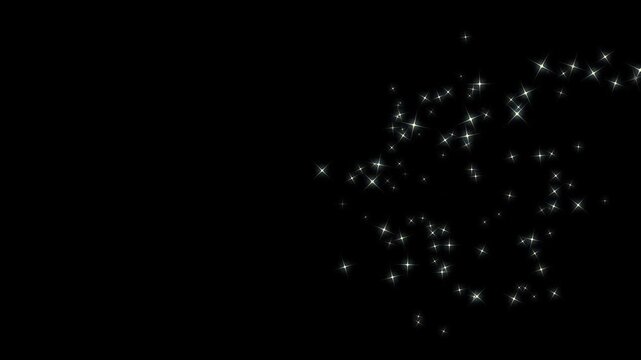 Twinkling star particles, glowing pixie dust shimmer and elegant Christmas transition overlay, 2D glowing white fairy dust line trail with light stars on black screen in ultra HD and 4K