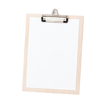 Wooden clipboard with blank white paper sheet isolated on white background