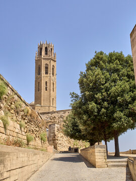 Bell Tower of the  Old Cathedral of Lleida, Cathedral of Saint Mary, also known as the Seu Vella. Lleida, Catalonia, Spain, Europe