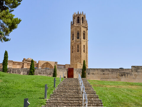 Bell Tower of the  Old Cathedral of Lleida, Cathedral of Saint Mary, also known as the Seu Vella. Lleida, Catalonia, Spain, Europe