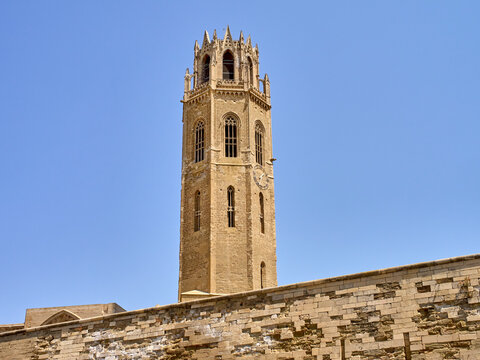 Bell Tower of the  Old Cathedral of Lleida, Cathedral of Saint Mary, also known as the Seu Vella. Lleida, Catalonia, Spain, Europe