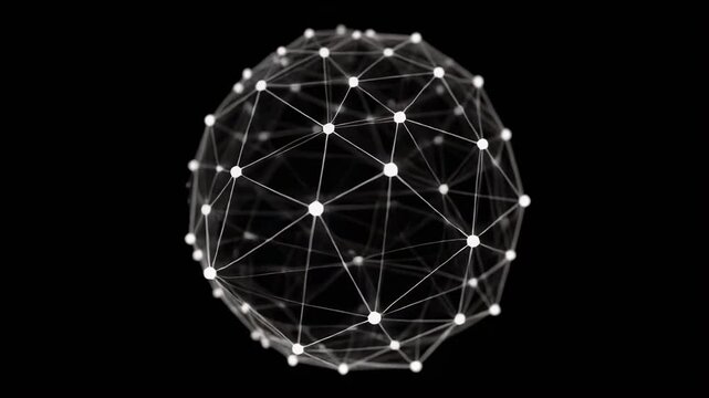 Abstract network sphere rotating in dark space with glowing nodes and connections