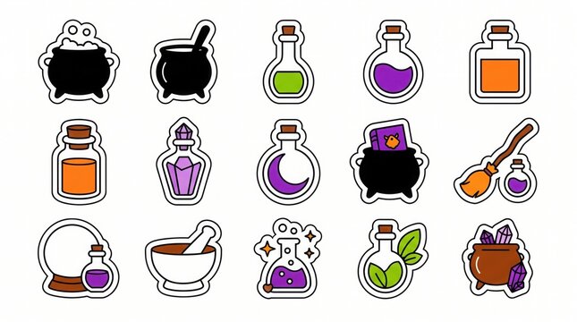 Set of colorful magic potion bottles and witchcraft equipment stickers for halloween decoration