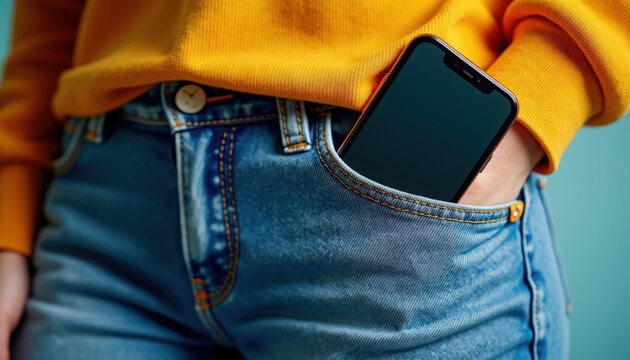 phone in pocket, closeup of smartphone partially tucked into denim jeans front pocket with yellow sweater cuff and visible stitching, natural light, shallow depth of field,