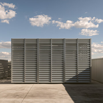 Rooftop mechanical enclosure with galvanised steel louvre panels against blue sky