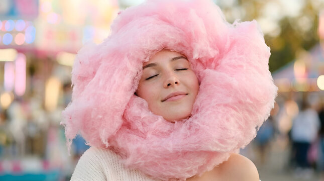 Funny portrait of smiling woman wearing large pink cotton candy on head