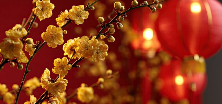 Golden blossoms and glowing lanterns highlight a vibrant Lunar New Year 2027 card for the Year of the Earth Pig.